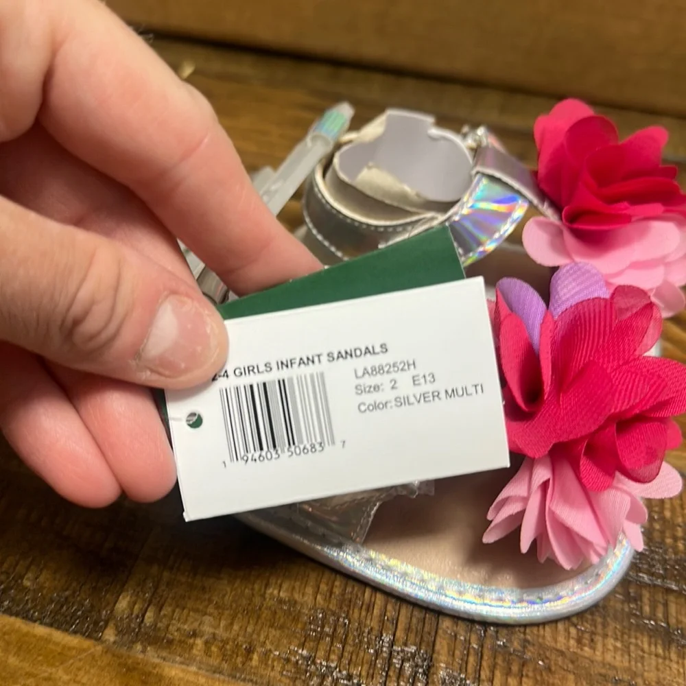 LAURA ASHLEY BABY FLOWER SANDALS: SILVER/PINK/PURPLE: NEW WITH TAGS:SZ 2